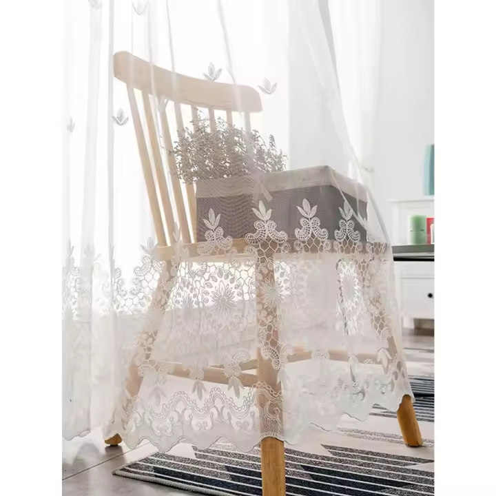 Cortina De Tela Gauze Para Dormitorio 1PC Lujo Bordado Floral Francés Para Sala De Estar Translúcida Algodón 100% Estilo Pastoral - 1