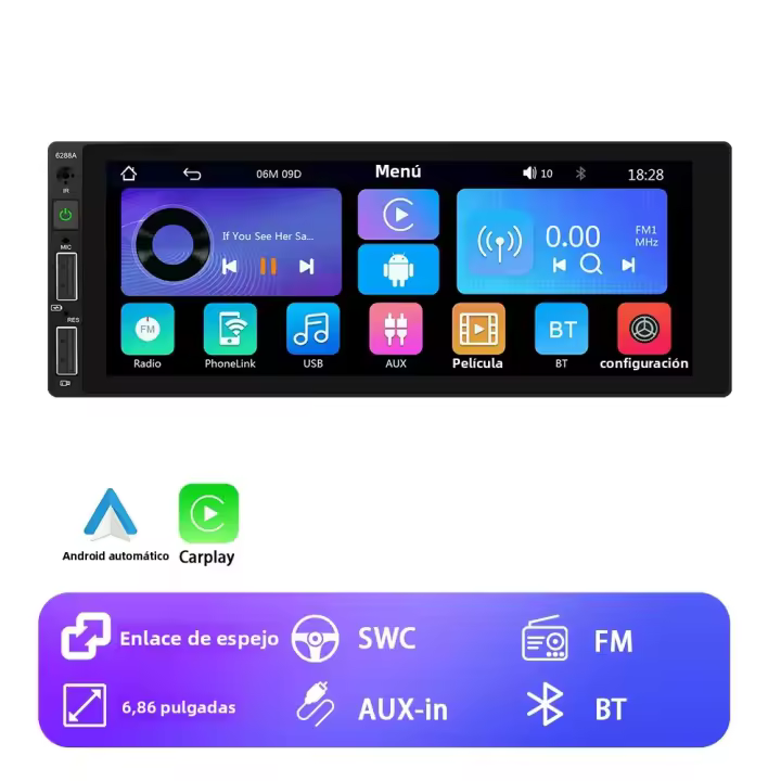 Reproductor Multimedia Para Coche Hikity 1 Din Con Carplay Inalámbrico Android Auto Bluetooth Cámara Trasera Universal Estéreo De Coche MP5 - 1