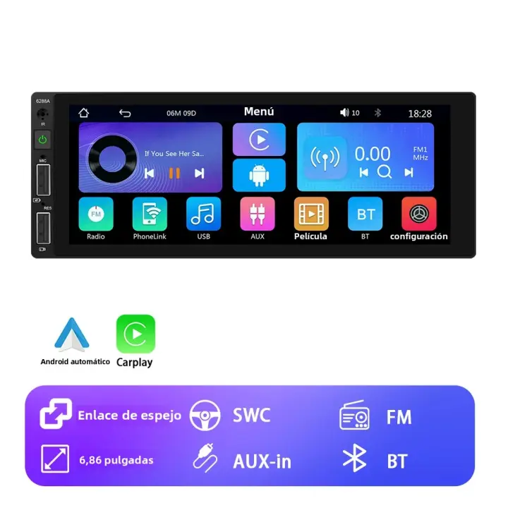 Reproductor Multimedia Para Coche Hikity 1 Din Con Carplay Inalámbrico Android Auto Bluetooth Cámara Trasera Universal Estéreo De Coche MP5 - 1