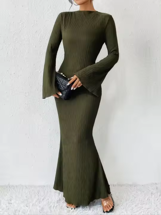 Vestido De Mujer Elegante De Corte Sirga Con Manga Flare Largo Al Suelo Y Cuello Redondo Vestido De Poliéster Slim Para Todas Las Estaciones - 1