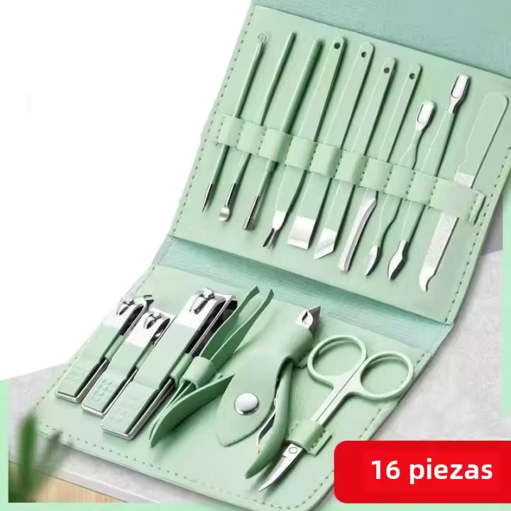 Kit De Manicura Y Pedicura Profesional 16 Piezas Herramientas De Cortador De Uñas Con Bolsa De Viaje Plegable Verde Alta Calidad - 1