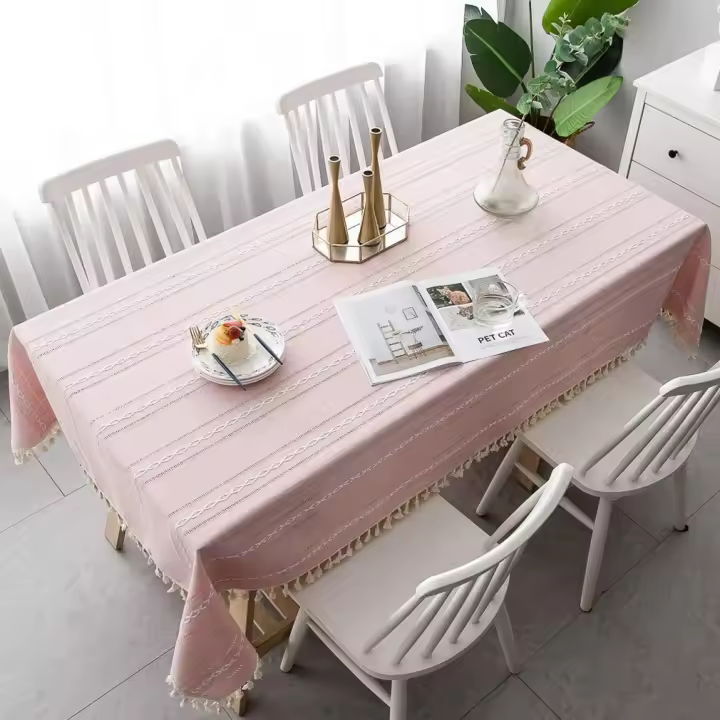 Mantel cuadrado de lino y algodón con borlas, lavable, antiarrugas, para comedor, decoración de mesa de fiesta (rosa, 55 x 55 pulgadas) - 1