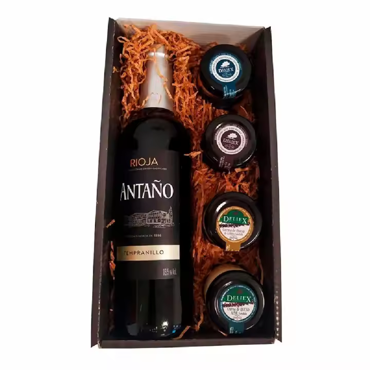 Cesta Gourmet Deliex con vino rioja antaño, dos patés y dos cremas de queso - 1