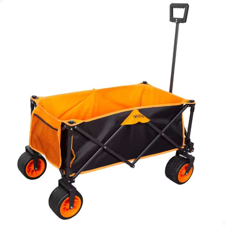 Aktive - Carro playa plegable, carrito de transporte, con ruedas giratorias 360º con frenos, mango multiángulo y 1 bolsillo, máx. 100 kg de carga, espacioso y versátil, de acero y poliéster, diseño plegable, incluye funda - 1