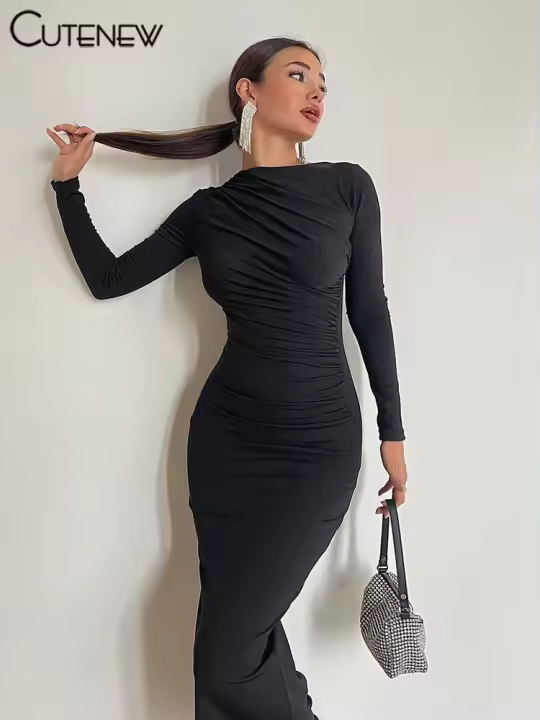 Vestido Largo Elegante Para Mujer NIBBER Con Cuello Redondo Y Patchwork Ajustado Para Noche Traje De Fiesta Vestidos - 1