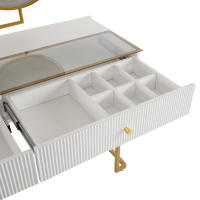 Juego de tocador con Espejo con iluminación LED, tablero de Cristal Templado transparente, laterales de tocador y Armario, Elegant Furniture, Blanco, Dimensiones: 120x45X115 cm (sin taburete) - details 9