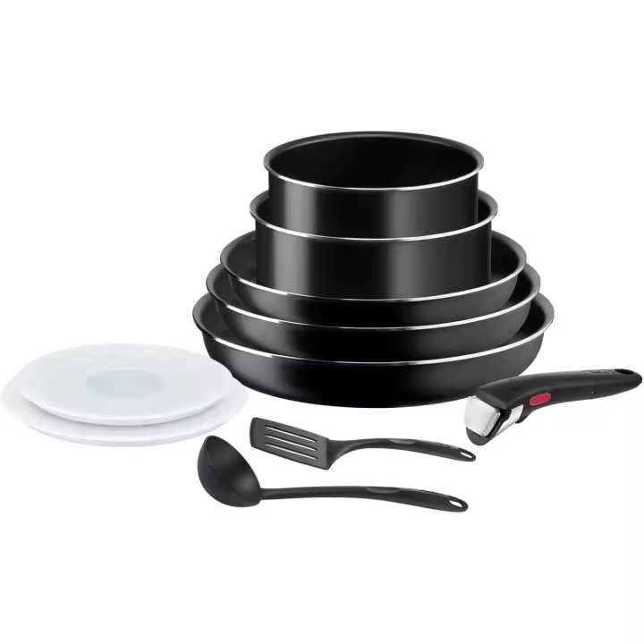 Ingenio Easy On - Juego de 3 Sartenes 22/24/26 cm + 2 Cazos 16/18 cm + Mango Extraible + 4 Accesorios, No Apto Inducción, Antiadherentes, Sin PFOA, aptos lavavajas y Horno - 1