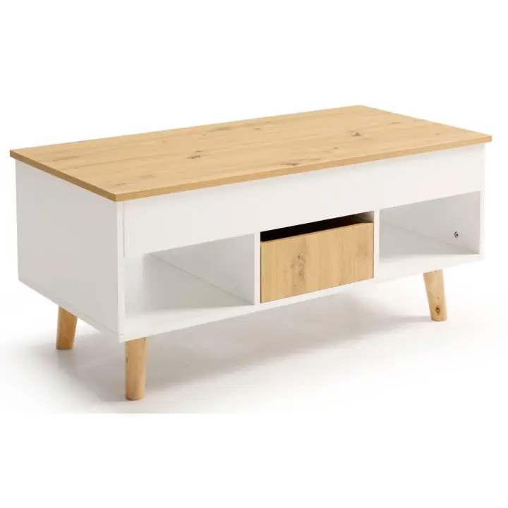 CAMA EXPRESS - Mesa Centro Elevable con Cajón Deslizante y Huecos de almacenaje, Color Blanco y Madera. Medidas: 100cm x 50cm x 45cm. - 1