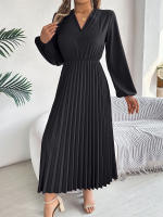 Vestido Largo De Mujer Elegante Con Tres V-Neck Y Cintura Ajustada Estilo Europeo Y Americano Para Otoño E Invierno - details 21