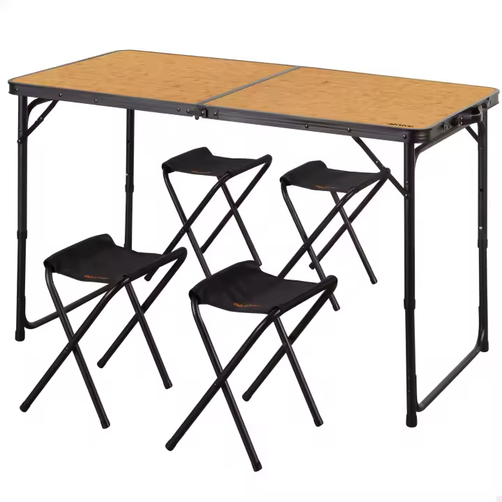 Aktive - Mesa plegable aluminio 120x60 cm acabado bambú, con 4 taburetes acero, regulable 60/70 cm, portátil con asa - 1