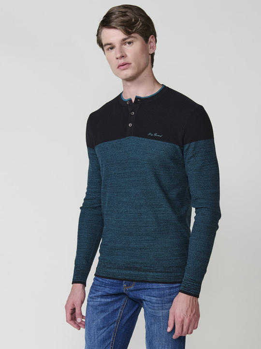 Koroshi - Polo hombre manga larga de punto tricot 100% algodón para look smart casual, negro o navy