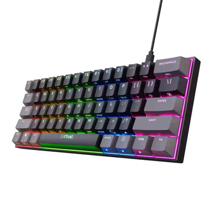 Trust GXT 867 Acira - Teclado mecánico gaming ultracompacto del 60% con iluminación RGB completa, switches mecánicos Outemu rojos, teclas programables y diseño ideal para maximizar espacio en setups gaming, compatible con PC, portátiles y consolas - 1