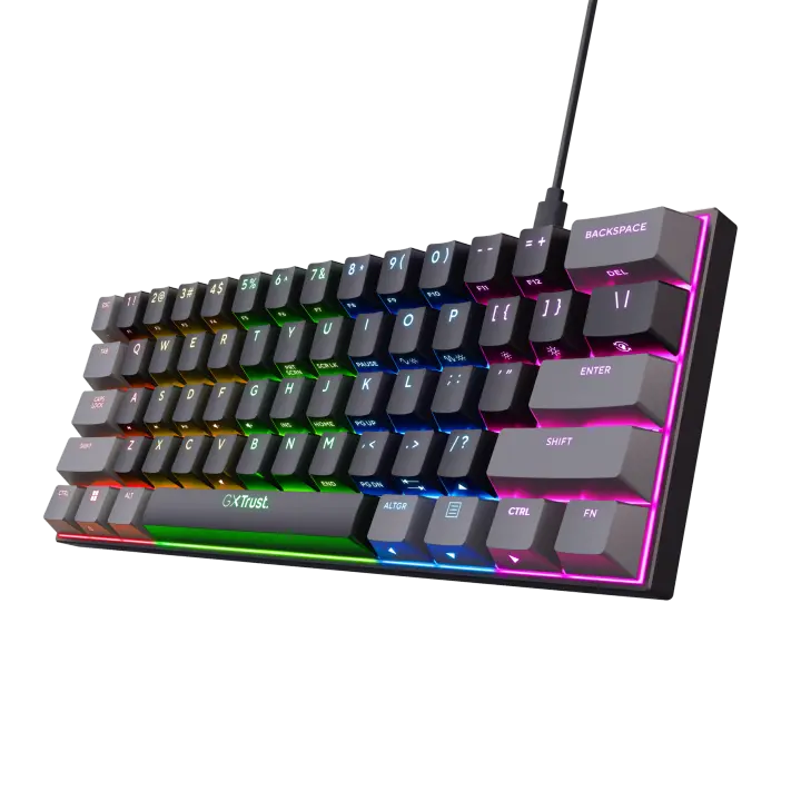 Trust GXT 867 Acira - Teclado mecánico gaming ultracompacto del 60% con iluminación RGB completa, switches mecánicos Outemu rojos, teclas programables y diseño ideal para maximizar espacio en setups gaming, compatible con PC, portátiles y consolas - 1