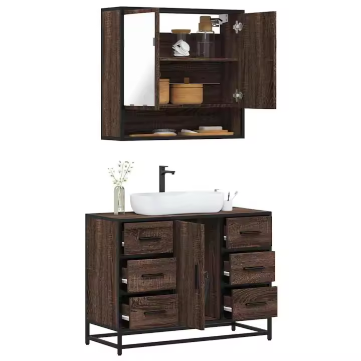 vidaXL Set de muebles baño 2 pzas madera contrachapada en color Roble ahumado/Roble Sonoma/Gris sonoma y más | almacenamiento funcional diseño moderno para baño dormitorio sala - 1