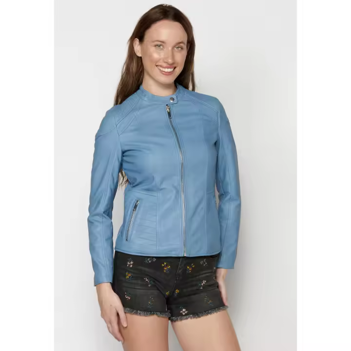 Koroshi - Cazadora efecto piel azul para mujer con cuello mao, corte entallado y acabado símil cuero suave, ideal para looks urbanos - 1