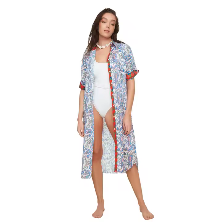 Trendyol Green Ethnic Printed Long Voile Beach Kimono & Beach Kaftan Tbess20Km0017 - 1