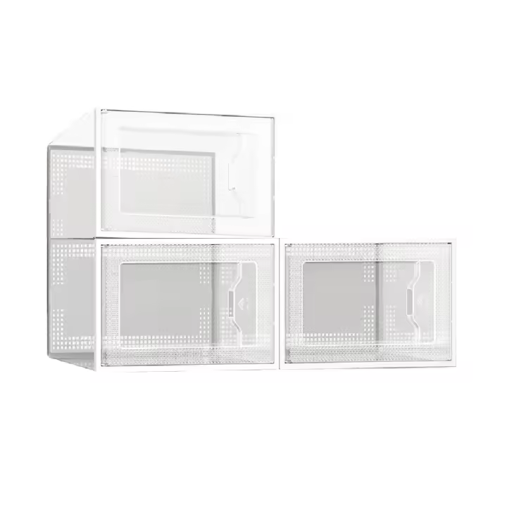 Organizadores de zapatos   Cajas de zapatos de plástico, Juego de organizadores de almacenamiento, 25 x 35 x 18,5 cm, Apilable, Antivuelco, Hasta T.46, Transparente, Transparente y Blanco - 1
