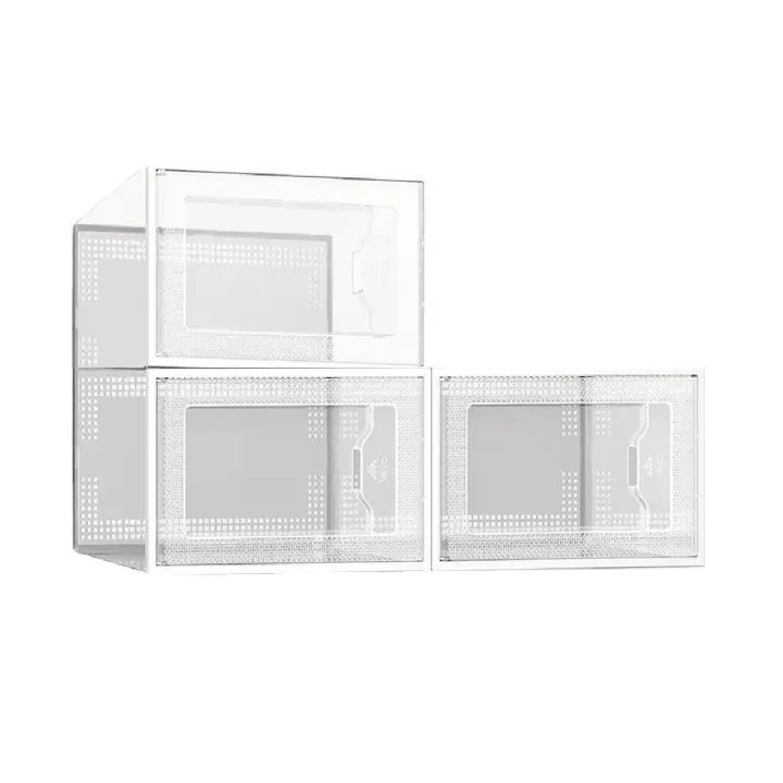Organizadores de zapatos   Cajas de zapatos de plástico, Juego de organizadores de almacenamiento, 25 x 35 x 18,5 cm, Apilable, Antivuelco, Hasta T.46, Transparente, Transparente y Blanco - 1