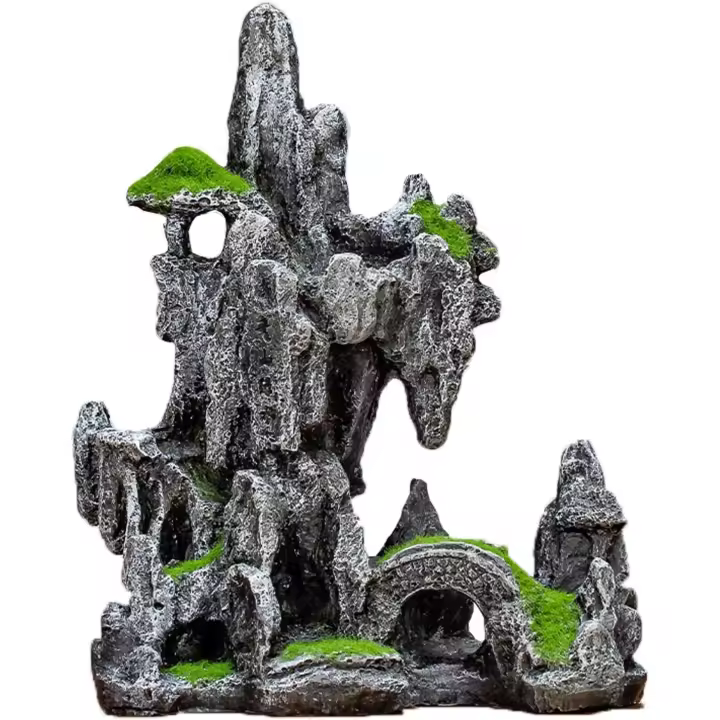 Aquarium Mountain View Ornaments, Large Fish Tank Rockery Landscaping, Desktop Interior Decoration (Green Mountains and Green Waters) - 1