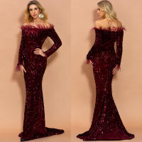 Vestido Elegante De Noche Para Mujer Missord Con Hombros Descubiertos Y Plumas Negro Con Lentejuelas Traje De Baño Fiesta Bodas Silueta De Sirena Ajustado - details 10