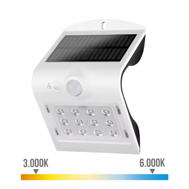 Aplique solar 1,5w 220lm recargable. sensor de presencia (2-6m) color blanco 9,6x7,3x14cm edm - 1