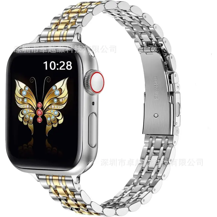 Correa FINA de metal compatible con Apple Watch de38/40/41mm. Elegante Correa de Cadena de Maple inoxidable para Mujer. Correas para iWatch Series 9, 8, 7, 6, 5, 4, 3, 2, 1, SE, color Plisado/Dorado. - 1