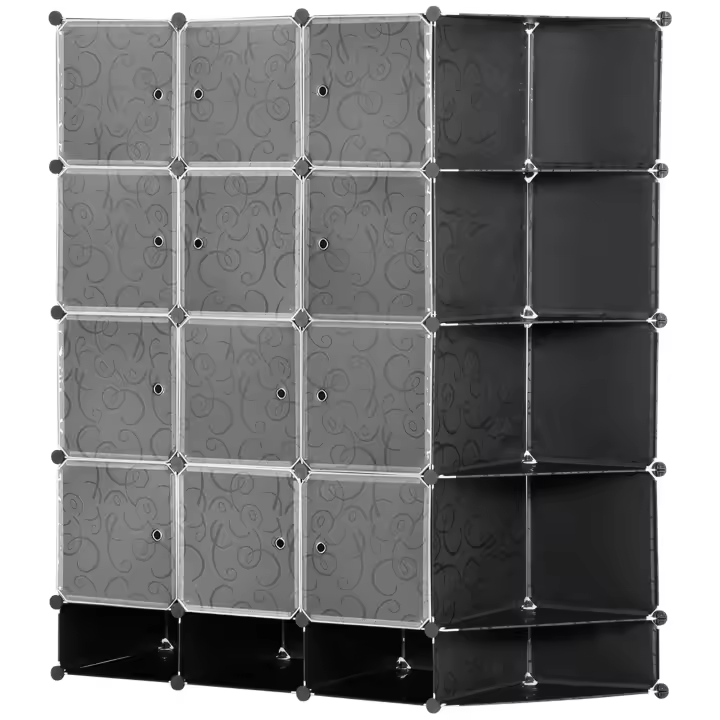 HOMCOM Armario Modular de Plástico Armario Portátil con 16 Cubos y 2 Barras Organizador de Zapatos Ropas Juguetes para Entrada Pasillo Dormitorio 145x46x162 cm Negro y Blanco - 1