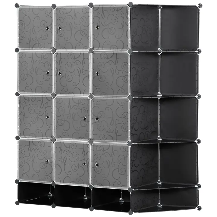 HOMCOM Armario Modular de Plástico Armario Portátil con 16 Cubos y 2 Barras Organizador de Zapatos Ropas Juguetes para Entrada Pasillo Dormitorio 145x46x162 cm Negro y Blanco - 1