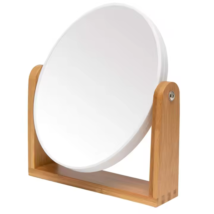 Espejo de maquillaje con soporte de bambú natural, espejo de aumento giratorio de 360 grados, blanco, ovalado (1x, 3x) - 1
