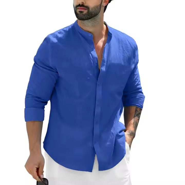 Camisa De Lino Para Hombre De Color Sólido Con Cuello Erguido Casual Cotton Manga Larga Botones Abiertos Estilo Beach - 1