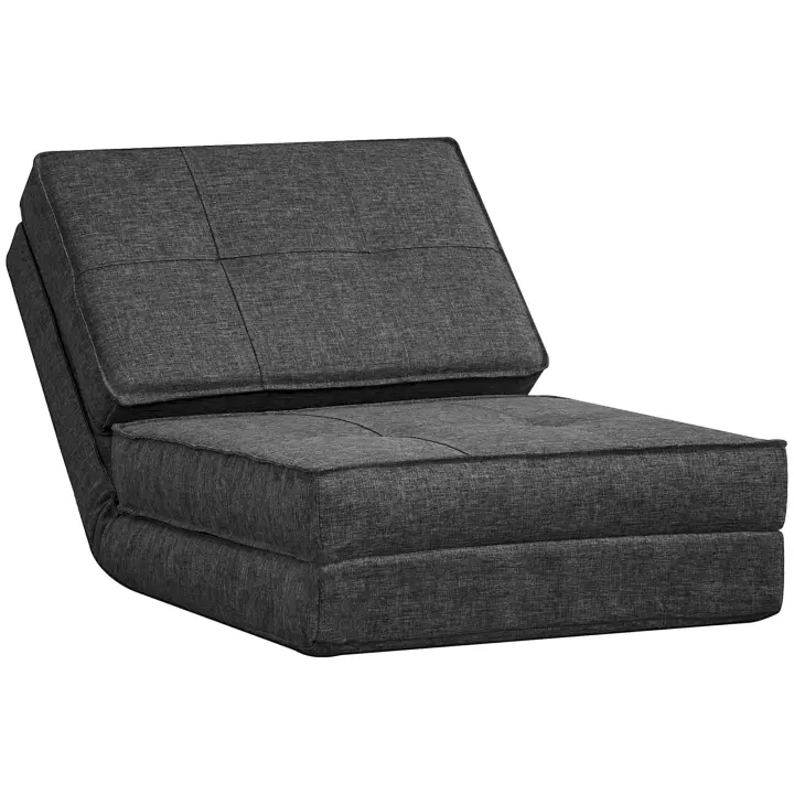 HOMCOM Sillón HOMCOM - Colchón Extra Plegable - Sillón Convertible - Respaldo Regulable Inclinación 5 Posiciones - Tejido Poliéster Aspecto Lino Gris - 1
