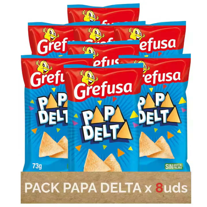 Grefusa  Pack PapaDelta Snack Sabor Jamón – Pack de 8 Bolsas Individuales de Patatas Triangulares – Aperitivo Crujiente – Ideal para Picar – Bolsa 73g x 8 - 1
