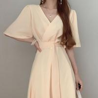 Vestido REALEFT Para Mujer Verano Otoño Manga Acolchada V-Neck Cinturón Frontal Cruzado Elegante Casual A-Line Midi Para Oficina - details 11
