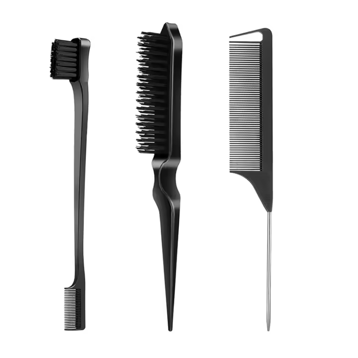 Set de 3 piezas para peinar La espalda-Cepillo de Bordes, Cepillo de Cerdas, peine de cola de rata y Cepillo para Alisar el pelo y despeinarlo - Negro - 1