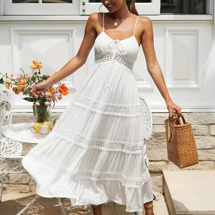 Vestido Largo Bohemio De Playa Para Mujer Estilo Casual Sin Mangas Transpirable Suelto Con Encaje Y Tirantes Solado Ancho Para Vacaciones Verano Tallas S-2XL - 1