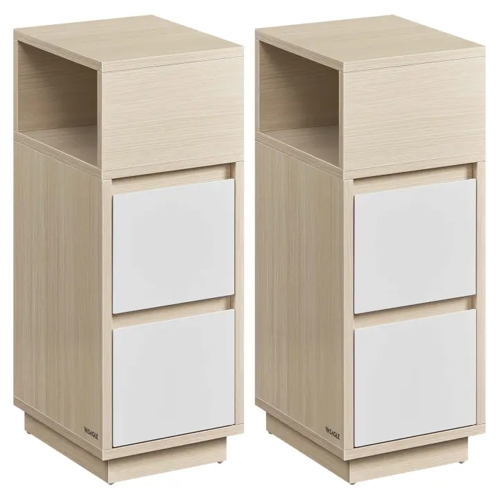 VASAGLE Juego de 2, Mesita de Noche Estrecha, Mesa Auxiliar con 2 Cajones y Compartimento Abierto, Encajable a la Izquierda o a la Derecha, Dormitorio, Salón, Negro Ébano/Beige Natural y Blanco Nube/Blanco Nube - 1