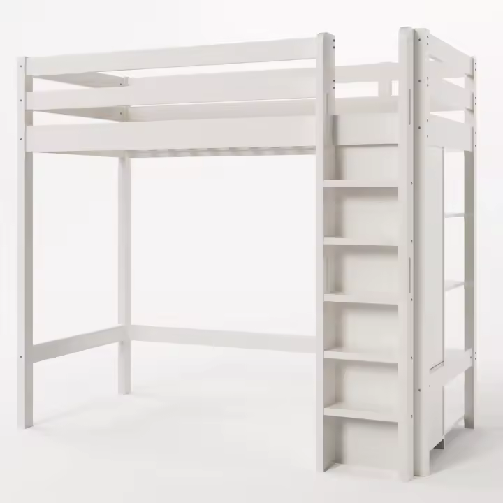 Cama Infantil Cama Elevada 90x200 cm, somier individual con Armaro Y 6 estantes, Blanco, material de alta calidad, fácil de Monar, estable y duradero (sin colchón) - 1