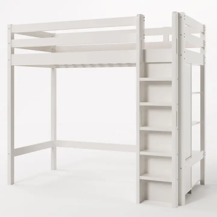 Cama Infantil Cama Elevada 90x200 cm, somier individual con Armaro Y 6 estantes, Blanco, material de alta calidad, fácil de Monar, estable y duradero (sin colchón) - 1