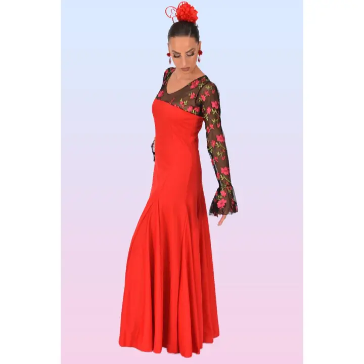 Vestido Rojo con Mangas de Encaje Floral y Volantes - 1