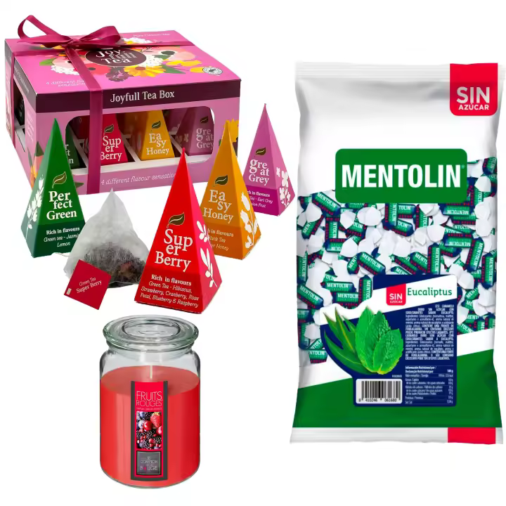 Pack bienestar: MENTOLIN EUCALIPTUS S/A BOLSA 1KG + Vela perfumada de frutos rojos + Caja de Té Joyfull con variedad de sabores - 1