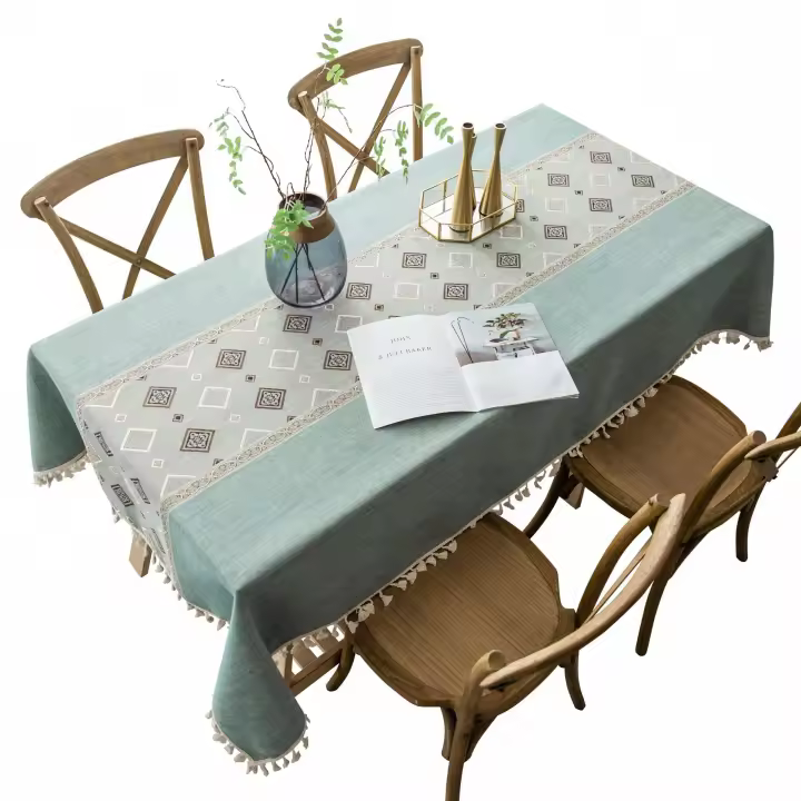 Mantel Cuadrado de Algodón y Lino (Verde, 140x140 cm) - 1