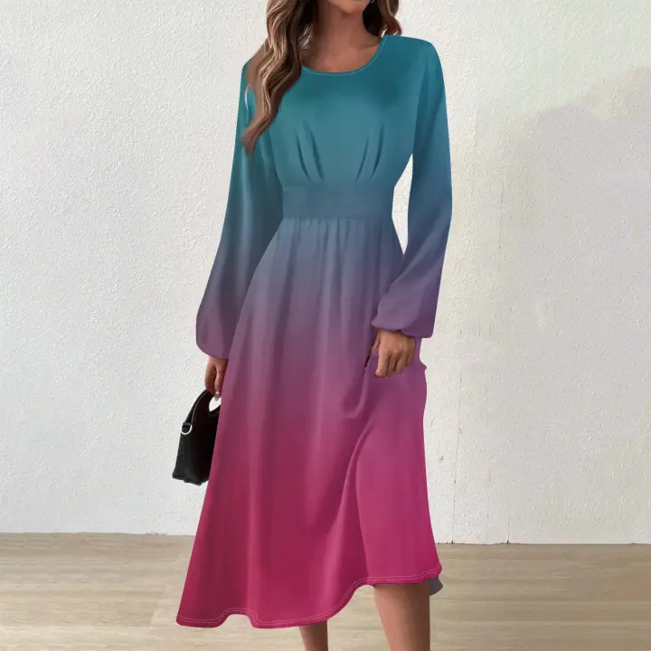 Vestido De Mujer Estilo Vintage Elegante Con Estampado Gradiente Cuello Redondo Manga Larga Ajustado Vestido De Otoño Moda Nueva - 1