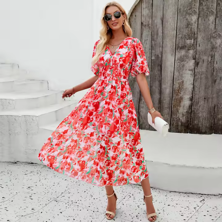 2024 Spring and Summer Vacation Casual Printed Waist V-Neck Long Dress - 1