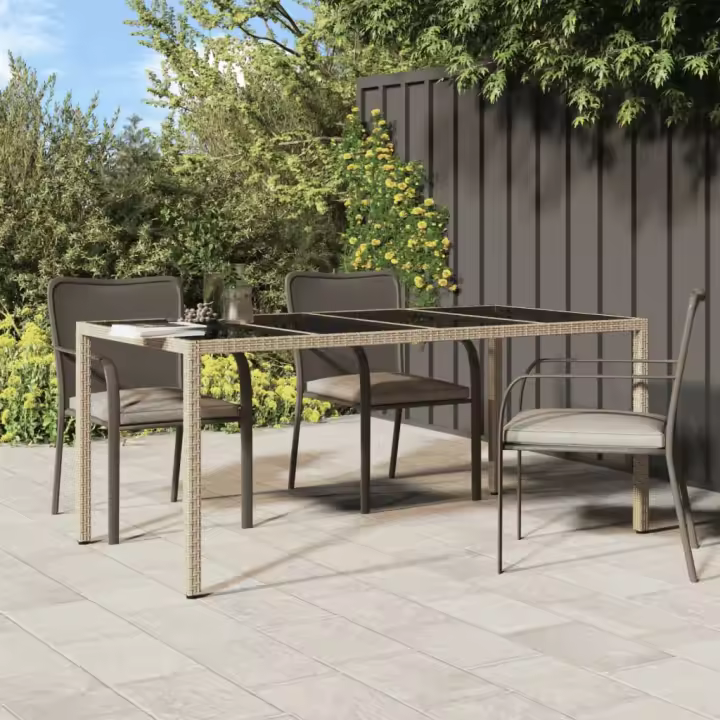 Mesa de Jardín beige 190x90x75 cm Polyrattan Vidrio - 1