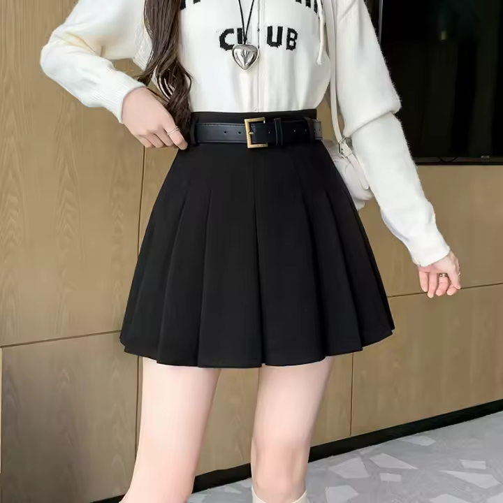 Falda Mini De Lana Invierno Para Mujer Estilo Casual Preppy High Waist A-Line Con Shorts Solido De Cintura Alta Moda Callejera - 1