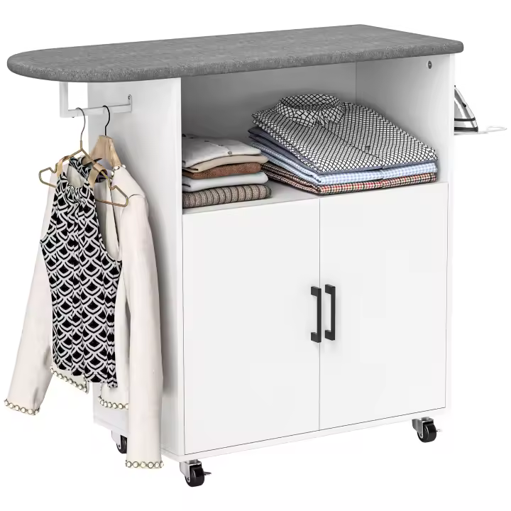 HOMCOM Mueble de Plancha con Ruedas Mueble de Planchado con Barra para Colgar Ropa Estante Abierto y Tabla de Planchar 125x43,5x102,5 cm Blanco - 1
