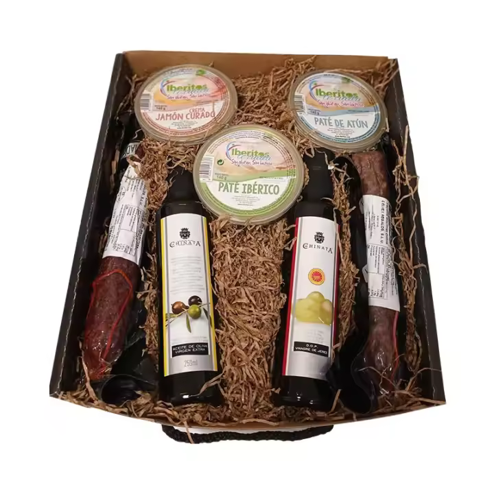 Deliex. Cesta sin gluten y sin lactosa y sin alcohol para intolerantes y alérgicos. Con chorizo y salchichón ibérico de bellota, aceite de oliva virgen extra, vinagre, 2 patés y 1 crema - 1