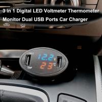 Cargador De Coche 3 En 1 USB Doble 12V Con Termómetro Y Voltímetro LED Negro Adaptador De Encendedor De Cigarrillos - details 1