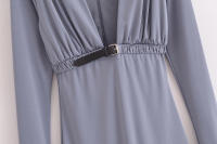Vestido De Moda Con Cuello En V Profundo Estilo Europeo Y Americano Para Mujer Con Cinturón Y Pliegues Slim De Manga Larga Para Otoño - details 6