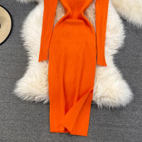 Vestido REALEFT De Mujer Otoño Invierno Con Cuello Cuadrado Manga Larga Y Acolchado De Puff Trasero Lateral Split Midi Casual - details 2